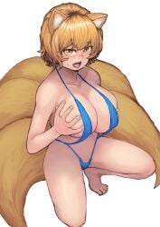 absurdres animal_ears bad_id bad_pixiv_id blonde_hair blush breasts chanta_(ayatakaoisii) female fox_ears fox_tail highres huge_breasts kitsune looking_at_viewer ran_yakumo short_hair slit_pupils solo tail touhou white_background yellow_eyes