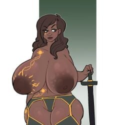 dark-skinned_female dark_skin eye_tattoo eyebrows_visible_through_hair female_only garter_belt gigantic_breasts huge_breasts huge_thighs human_(warcraft) milf nericurls paladin_(warcraft) sword tattoo tattoo_on_chest tattooed_breast world_of_warcraft