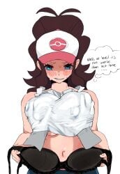 1girls alternate_version_available blue_eyes blush bra breast_grab brown_hair disembodied_hand english_text game_freak grabbing_breasts groping groping_breasts groping_under_clothes hilda_(pokemon) holding_bra hourglass_figure huge_breasts looking_at_viewer nintendo pokemon pokemon_bw pov text thought_bubble white_background whoopsatro