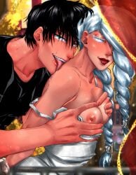 1boy 1girls black_hair braid breast_grab dress eyelashes female green_eyes jujutsu_kaisen large_breasts licking long_hair male male/female mature_male mei_mei_(jujutsu_kaisen) nipples red_lips rinjiafterdark scar_on_mouth short_hair silver_hair smile toji_fushiguro tongue_out