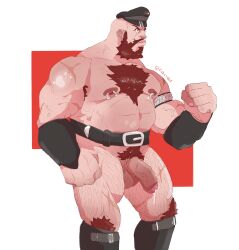 1boy bara chest_hair fabssdaf facial_hair hairy male male_focus male_only penis_out pierced_nipples semi-erect solo solo_male street_fighter zangief