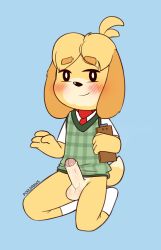 absurd_res animal_crossing anthro balls blush bottomless bottomless_male canid canine canis clothed clothing domestic_dog genitals hi_res humanoid_genitalia humanoid_penis isabelle_(animal_crossing) male male_only mammal necktie nintendo partially_retracted_foreskin penis porldraws rule_63 shih_tzu simple_background solo sweater sweater_vest topwear toy_dog vest video_games