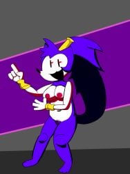 breasts creepypasta mobian_(species) needlemouse_(character) needlemouse_(series) pubic_hair purple_fur red_eyes sarah_henderson_(needlemouse) sega shantae shantae_(cosplay) shantae_needlemouse smiling smooth_skin sonic.exe sonic.exe_(series) sonic_(series) sonic_the_hedgehog_(series)