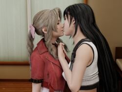 1:1 2girls 3d absurd_res accelevik aerith_gainsborough black_hair closed_eyes female female_only final_fantasy final_fantasy_vii final_fantasy_vii_remake hi_res kissing looking_at_another tifa_lockhart yuri