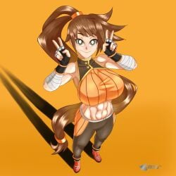 1girls abs big_breasts breasts busty curvaceous curvy curvy_body curvy_female curvy_figure dnf_duel double_v dungeon_fighter_online female female_focus female_only garuman22 huge_breasts large_breasts orange_background orange_theme peace_sign ponytail solo solo_female striker_(dungeon_and_fighter) voluptuous