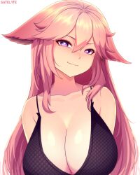 absurdres animal_ears arms_at_sides artist_name bikini black_bikini breasts bright_pupils closed_mouth collarbone eyelashes eyeliner female floppy_ears fox_ears genshin_impact hair_down head_tilt heart heart-shaped_pupils highres large_breasts light_blush light_smile long_hair looking_at_viewer makeup no_earrings pink_hair purple_eyes satelyte simple_background solo string_bikini swimsuit symbol-shaped_pupils upper_body white_background white_pupils yae_miko