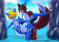 absurd_res anthro anthrofied arm_grab balls bikini black_body black_fur blonde_hair blue_body blue_eyes blue_fur blue_nipples blue_pussy bodily_fluids bottomwear breasts brown_hair canid canine chest_tuft clothed clothing duo embereon female fluffy fluffy_tail fox fur genital_fluids genitals gloves_(marking) green_eyes hair heterochromia hi_res hyra_akiyuki khblacky97 leg_markings looking_pleasured male male/female mammal markings multicolored_body multicolored_fur nigel_fumei nipples open_mouth penetration penis pink_penis pussy pussy_juice raised_bottomwear raised_clothing raised_leg raised_tail red_body red_fur rock sea shy sky socks_(marking) swimming_trunks swimming_trunks_down swimwear tail_markings tongue tongue_out topwear tuft two_tone_body two_tone_fur two_tone_tail vaginal_penetration vaginal_penetration water watermark white_body white_fur