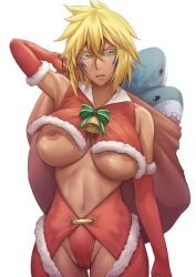 absurdres arrancar bleach blonde_hair breasts christmas cleavage dark-skinned_female dark_skin facial_mark female green_eyes highres large_breasts looking_at_viewer nipples revealing_clothes sakuya_(liao_kj) shark solo tan tattoo tia_harribel underboob