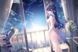 1girls areolae arknights arms ass astesia_(arknights) balcony bare_back bare_shoulders big_breasts birds blue_eyes breasts completely_nude dutch_angle ear_tuft female female_only flowers happy highres legs lens_flare light-skinned_female lingshalan long_hair looking_at_viewer looking_back medium_breasts naked nipples nude ocean rain_on_window see-through_dress shooting_star sky smile solo standing star-shaped_pupils sun sunrise telescope thighs wallpaper window wings