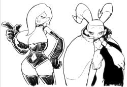 2020 2girls armpits beauty_mark belly_button big_breasts black_line_art black_lineart black_lines blank_background blush breasts breasts_bigger_than_head coat coat_open eyebrows eyelashes eyeshadow female female_only finger_gun gloves hair_over_eye hair_over_one_eye half-closed_eyes half_lidded_eyes hand_on_hip hand_on_own_hip huge_breasts kaiba leotard line_art lipstick long_gloves looking_at_viewer lum_(kaiba) navel navel_cutout no_color open_coat parm_(kaiba) ranaecho shiny_breasts shiny_clothes shiny_clothing sketch smile smiling smiling_at_viewer smirk smirking smirking_at_viewer standing stockings striped_hair thighhighs twintails white_background