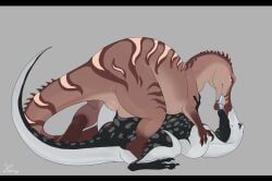 2022 angellsview3 baryonyx bodily_fluids dinosaur duo female female/female feral feral_on_feral french_kissing genital_fluids genitals kissing megalosaurus nude pussy pussy_juice reptile saliva scalie spinosaurid theropod tongue tongue_out