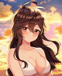 annno_ans bangs bare_shoulders bikini bikini_top_only blush breasts brown_eyes brown_hair cleavage closed_eyes closed_mouth cloud cloudy_sky collarbone commentary_request female gradient gradient_sky highres long_hair looking_at_viewer medium_breasts original outdoors shiny shiny_hair shiny_skin simple_background sky smile solo sunset swimsuit upper_body white_bikini