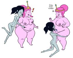 2girls adventure_time bbw belly belly_grab big_belly big_breasts breast_grab breasts canon_couple fat female grabbing_from_behind grey_skin marceline nipples overweight pink_skin princess_bubblegum thick_thighs thighs wide_hips woahdangman yuri