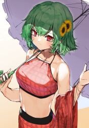 alternate_costume blush bra breasts female flower green_hair hair_flower hair_ornament highres holding holding_umbrella medium_breasts midriff navel parasol plaid plaid_bra plaid_skirt red_bra red_eyes red_skirt skirt sunflower touhou umbrella underwear yuka_kazami