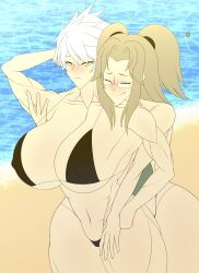 2girls abs accessory armpits bangs beach big_breasts bikini black_bikini blush brown_hair closed_eyes dragonbreaker glasses gold_eyes hand_behind_head hand_on_hip hand_on_thigh holding_arm huge_breasts imu_(senran_kagura) large_breasts lipstick looking_at_viewer miyabi_(senran_kagura) muscle muscle_tone muscular muscular_female nipple_bulge nosebleed senran_kagura shy six_pack smiling thick_thighs thong_bikini tomboy twintails white_hair wide_hips yuri