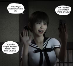 1girls 3d comic comic_page daz english_text female female_focus female_only misuzalha3d school_uniform self_upload sfw smartphone solo the_onryo_(misuzalha3d) tsukiko_(misuzalha3d)