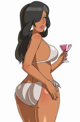 1girls anime_style ass bare_shoulders bikini black_hair blue_eyes blush cyan_eyes dark_skin expressionless female_focus female_only femsub grand_theft_auto grand_theft_auto:_vice_city greko martini pink_lipstick sideboob solo tanned_female unamused vice_city_cover_girl