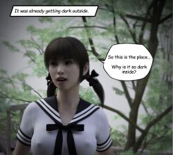 1girls 3d asian asian_female comic comic_page daz english_text female female_focus female_only misuzalha3d school_uniform self_upload solo the_onryo_(misuzalha3d) tree tsukiko_(misuzalha3d)