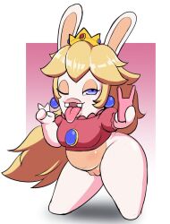 2022 anthro belly blonde_hair blue_eyes bodyattk bottomless bottomless_anthro bottomless_female breasts clothed clothing cosplay crossover crown female genitals gesture hair lagomorph mammal mario_(series) mario_+_rabbids mario_+_rabbids:_kingdom_battle nintendo one_eye_closed pink_clothing pink_topwear pussy rabbid rabbid_peach raving_rabbids selfie short_stack shortstack slightly_chubby solo thick_thighs tongue tongue_out topwear ubisoft v_sign video_games white_body wide_hips wink