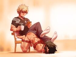 2boys arm_scar blindfold blindfolded blonde_hair gag gagged gay green_hair hot_drink human_footstool izuku_midoriya katsuki_bakugou male male/male male_only mug my_hero_academia on_phone penis phone precum red_eyes scars_on_arm sitting_on_chair spiky_hair tied_up wildmage yaoi