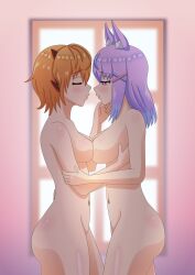 2020s 2022 2girls ass belly belly_button blush breasts demosense female female_focus female_only fingers fingers_on_chin first_porn_of_character hair_ornament hyogayome indie_virtual_youtuber kangaroo_ears light-skinned_female light_skin multiple_girls one_eye_closed orange_hair purple_ears purple_hair sarutobi_cyan thighs two_tone_hair virtual_youtuber window yuri