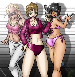 3girls adjusting_eyewear adjusting_glasses adjusting_sunglasses ass bare_shoulders bikini blue_eyes cleavage collarbone cxv-anime female female_only grand_theft_auto grand_theft_auto:_san_andreas grand_theft_auto:_vice_city grand_theft_auto_iii green_eyes gun holding_weapon huge_breasts leggings martini misty_(gta) navel panties pants pink_lipstick posing posing_with_weapon red_lipstick rochell’le shorts sunglasses tinted_eyewear vice_city_cover_girl