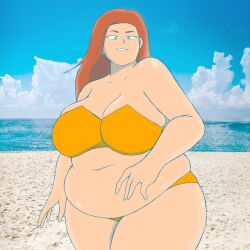 1girls bbw beach belly big_belly big_breasts bikini breasts brown_hair chubby cloud female green_eyes hair long_hair looking_at_viewer mrlowground photo_background sand seaside sky swimsuit thick_thighs water yellow_bikini yellow_swimsuit