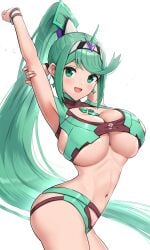 1girls 2022 arched_back armpits arms_up barely_clothed barely_contained bikini breasts female female_only gonzarez green_bikini green_eyes green_hair hi_res hips huge_breasts long_hair nintendo pneuma_(xenoblade) sideboob simple_background slim_waist smile stretching swimsuit thick_thighs thighs white_background wide_hips xenoblade_(series) xenoblade_chronicles_2