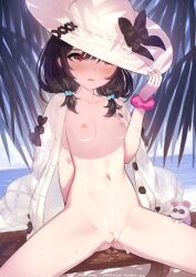 @_@ arm_behind_back bangs bar_censor black_bow black_hair blush bow breasts censored cum cum_on_pussy female granblue_fantasy hair_between_eyes hair_bobbles hair_ornament hand_on_headwear hat hat_bow highres jacket jacket_on_shoulders long_hair low_twintails mouse navel nipples nude parted_lips pussy pussy_juice red_eyes scrunchie short_twintails sitting small_breasts solo spread_legs stomach sun_hat twintails vikala_(granblue_fantasy) white_headwear white_jacket wrist_scrunchie yellowpaint.