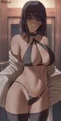 1girls 2022 artist_signature bikini black_bikini black_hair breasts chainsaw_man cross_halter_bikini facial_scar female female_focus female_only gold_eyes halter_bikini hi_res hips huge_breasts indoors long_hair shexyo slim_waist solo thick_thighs thighs wide_hips yoru_(chainsaw_man)