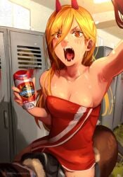 armpits big_breasts blonde_hair breasts chainsaw_man female horns khyleri old_spice open_mouth power_(chainsaw_man) red_eyes sharp_teeth towel