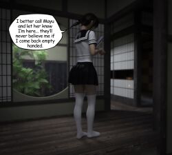 1girls 3d comic comic_page daz english_text female female_focus female_only misuzalha3d school_uniform self_upload sfw smartphone solo the_onryo_(misuzalha3d) tsukiko_(misuzalha3d)