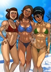 3girls abs aged_up arm_around_back armpit arms_around_partner asian_female athletic_female auburn_hair avatar_the_last_airbender bangs beach big_breasts bikini black_hair blue_eyes blush breasts brown_hair choker choker_only cleavage confident dark-skinned_female day earth_kingdom feet_out_of_frame female female_only fit_female friends front_view ganassa green_eyes grin group hair_bun hair_down hand_on_ass hand_on_hip head_tilt hip_to_hip human human_only katara large_breasts lens_flare light-skinned_female lipstick long_hair looking_at_viewer medium_breasts muscular muscular_female nickelodeon nipple_bulge perky_breasts pinup posing presenting_self short_hair smile standing straight_hair suki sun sunshine swimsuit thigh_gap tomboy toned_female toph_bei_fong topknot trio tropical_setting tummy underboob water water_tribe