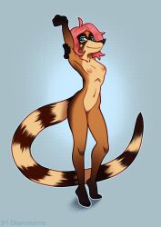 2022 anthro blue_eyes breasts brown_body cel_shading coati diaminerre digital_media_(artwork) female fur genitals hair mammal markings nude pink_hair procyonid pussy shaded signature solo striped_markings striped_tail stripes tail_markings tasteful_nudity