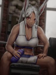 abs animal_ears bunny_ears cleavage dark-skinned_female dark_skin miruko muscular_female muscular_thighs my_hero_academia numanoan rabbit_ears rumi_usagiyama shorts sports_bra sportswear sweat thick_thighs