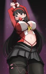 amagi_yukiko arms_above_head arms_tied ball_gag black_eyes black_hair bondage bound breasts dankestofdans female female_only femsub fully_clothed gag hairband kidnapped large_breasts long_hair nipple_bulge panties panties_under_pantyhose persona persona_4 red_hairband rope rope_bondage school_uniform vibrator vibrator_strapped_to_leg vibrator_under_clothes white_panties