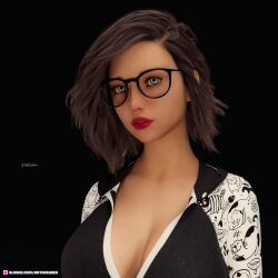 1girls 2021 3d black_background brown_hair clothed clothing female female_only glasses hope_(outofashes) large_breasts lipstick original_character outofashes red_lipstick slushe_(website) solid_color_background solo solo_female