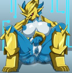 absurd_res anthro anus armor bandai_namco big_breasts blue_body bodily_fluids breasts claws digimon digimon_(species) digimon_adventure_02 female female_only genital_fluids genitals headgear helmet hi_res looking_at_viewer loquillo loquillo66 magnamon multicolored_body nipples pussy pussy_juice red_eyes royal_knights simple_background solo spread_pussy spreading thick_thighs two_tone_body wide_hips