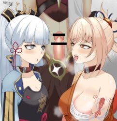 1boy 2girls aether_(genshin_impact) bar_censor big_breasts blonde_hair blush censor_bar censored clothed erection eroborne genshin_impact heart-shaped_pupils horny imminent_oral imminent_sex kamisato_ayaka long_hair mihoyo open_mouth penis penis_awe pleasure_face saliva threesome white_hair yoimiya_(genshin_impact)