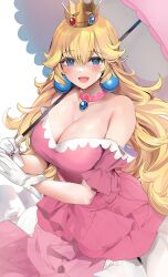 1girls bare_shoulders big_breasts blonde_hair blue_eyes brooch busty choker cleavage crown dress earrings eyebrows_visible_through_hair female female_only frills fully_clothed gloves happy holding_umbrella large_breasts long_hair looking_at_viewer mario_(series) marushin_(denwa0214) nintendo open_mouth pink_dress princess_peach smile umbrella white_background white_gloves