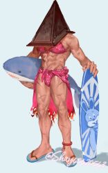 bikini bulge crossdressing full_body helmet male male_only muscular muscular_male painting_(artwork) pink_bikini pyramid_head sarong scars shay40420543 silent_hill silent_hill_2 solo standing surfboard swimsuit tan_skin