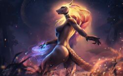 1girls anthro athletic big_butt claws grey_skin hires horns kalfy lizard long_hair magic night nude scales smiling