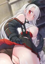 ass azur_lane bangs bent_over black_gloves black_hairband black_panties black_skirt blurry blurry_background blush braid braided_ponytail breasts breasts_out censored closed_mouth clothes_lift clothing_aside clothing_cutout commentary cowboy_shot cropped_shirt day embarrassed female from_behind frown gekato gloves grey_hair hairband highres large_breasts long_hair long_sleeves looking_at_viewer looking_back miniskirt mole mole_under_eye mosaic_censoring nipples outdoors paid_reward_available panties panties_aside parted_bangs pleated_skirt prinz_heinrich_(azur_lane) pussy pussy_juice red_eyes ribbed_shirt shirt shirt_lift shoulder_cutout skirt solo standing sunlight sweat two-sided_fabric two-sided_skirt underwear very_long_hair white_shirt