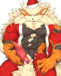 animal_genitalia animal_penis anthro arcanine bodily_fluids canine_penis captainjohkid christmas christmas_clothing clothing genital_fluids genitals hi_res holidays leaking_precum male male_only muscular muscular_anthro muscular_male nintendo penis pokemon pokemon_(species) precum red_clothing solo video_games