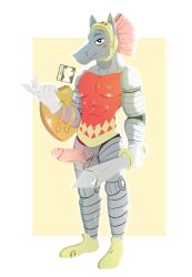 absurd_res anthro armor blush cuphead_(game) equid equine hand_gesture hi_res horse knight male mammal medieval_armour melee_weapon shield slit_visor solo sword syforg teasing the_knight_(cuphead) video_games warrior weapon