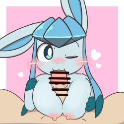 blue_body blush breasts censored eeveelution genitals glaceon human human_pov mammal nintendo one_eye_closed penis pokémon_(species) pokemon tsurikichiyuyu video_games