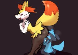 absurd_res anthro ass big_butt black_body blue_body blue_fur blush braixen duo female fur hi_res male male/female mohurin nintendo open_mouth pokémon_(species) pokemon pokemon_(species) pokemon_only raised_tail red_eyes riolu sniffing video_games yellow_body yellow_fur