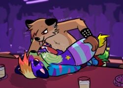 alcoholic_drink anal anal_sex anthro armwear beverage blush bodily_fluids bracelet brown_body brown_fur canid canine canis chester_the_otter clothing crowd cum cum_while_penetrated cumshot dance_floor digital_media_(artwork) drooling duo ear_piercing ejaculation eledensfw entwined_tails erection eye_contact eyebrow_piercing facial_piercing footwear fur furniture genital_fluids genitals group hands-free hands_free_cum hybrid jewelry legwear looking_at_another lutrine lying male male/male male_penetrated male_penetrating male_penetrating_male mammal multicolored_body multicolored_fur mustelid nightclub nightclub_sex nude on_table open_mouth orgasm penetration penis piercing pinned public public_nudity public_sex red_eyes saliva sex smile socks spiked_bracelet spikes table tail_coil taking_picture tongue tongue_out two_tone_body two_tone_fur wolf