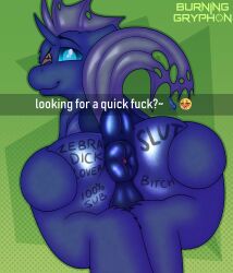 absurd_res anus arthropod ass blue_body blue_eyes body_writing burninggryphon carapace changeling friendship_is_magic hi_res male my_little_pony one_eye_closed puffy_anus snapchat solo spectre_phase_(oc) spread_anus spread_butt spreading text text_box wink