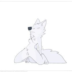 anthro aquest bedroom_eyes big_nose big_tail breasts canid canine canis chest_tuft clitoris female genitals hi_res humanoid_genitalia kneeling mammal narrowed_eyes pussy seductive solo tuft wolf